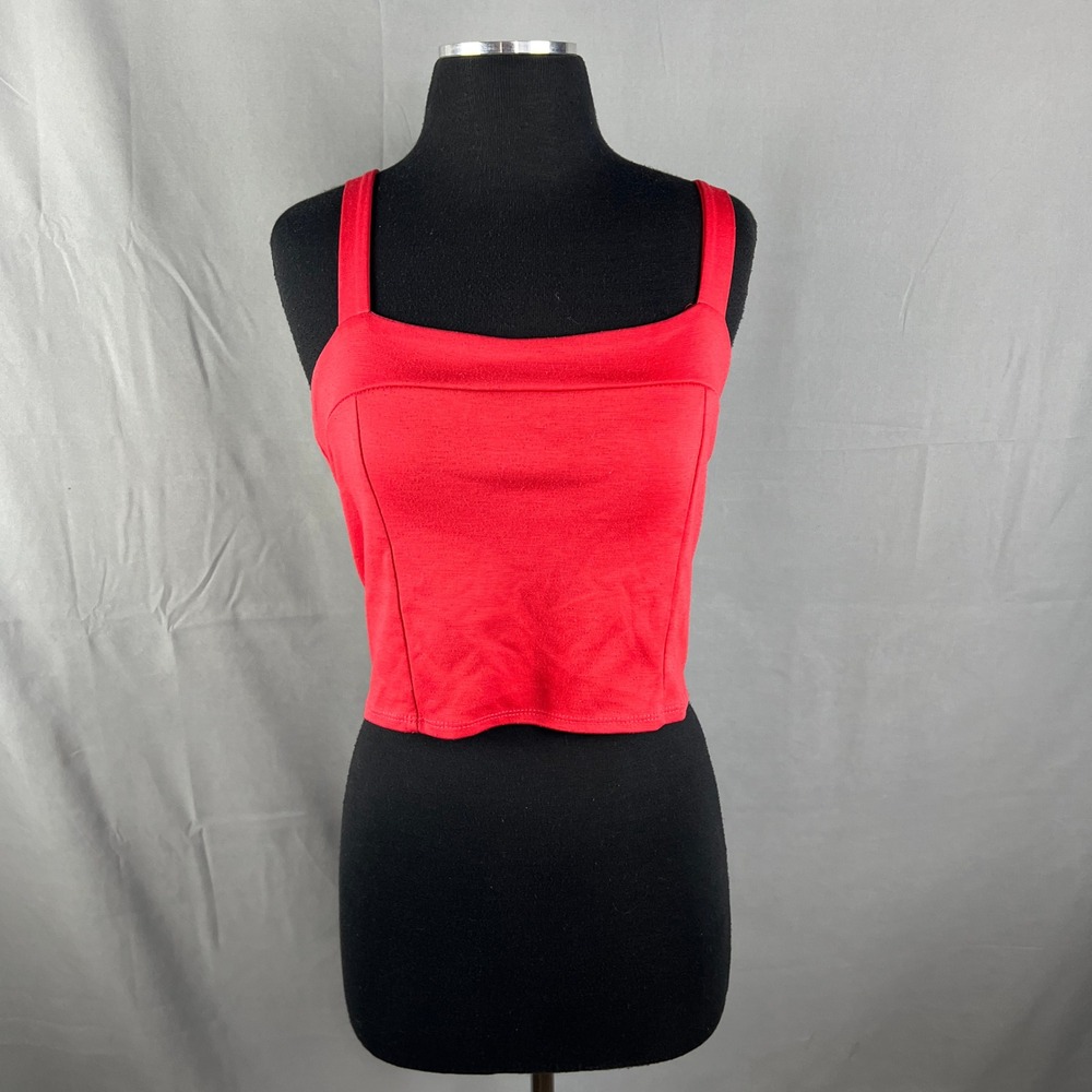 Tres Bien Cropped Tank Top Womens Red Square Neck Bow Back Wide Strap Minimalist